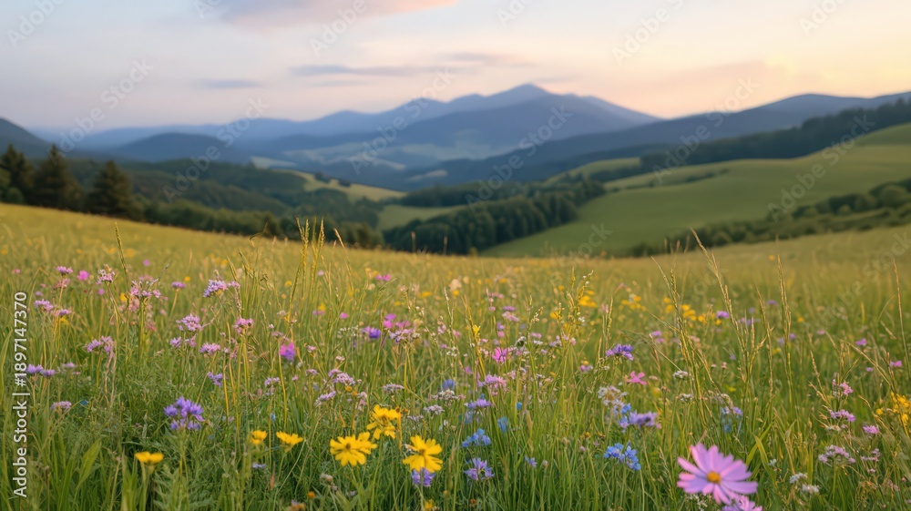Fototapeta premium A Dreamy Meadow View Framed By Colorful Wildflowers Under A Warm Golden Sunset