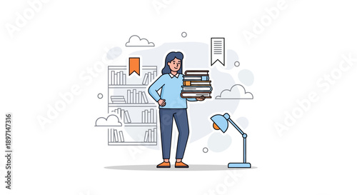 Smiling woman librarian holding a stack of books in a modern library interior with bookshelves and a desk lamp