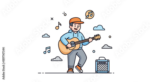 Young male musician playing acoustic guitar outdoors surrounded by clouds and music notes enjoying a lively performance
