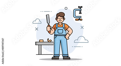 Cheerful handyman with a spatula in hand standing outdoors with a workspace and plumbing tools in a cartoon style