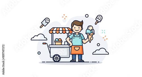 Charming Cartoon Ice Cream Vendor Serving Customers at Outdoor Market Scene with Vibrant Elements and Playful Design