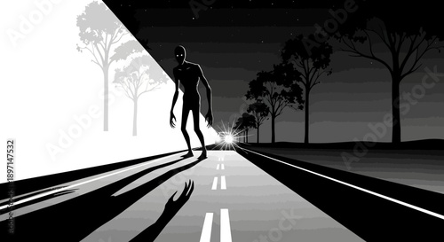 Eerie black and white illustration of a tall, slender figure standing on a desolate road at night, illuminated by a bright light.
