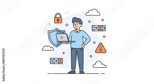 Digital security and cybersecurity awareness concept with a confident male character holding a laptop and shield surrounded by