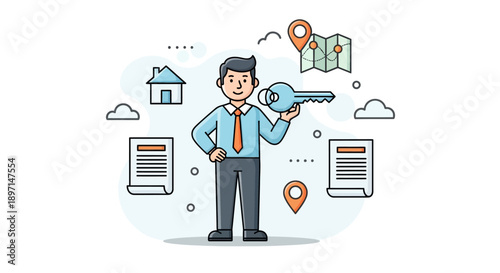 digital real estate agent holding a large key with property and location icons surrounding him