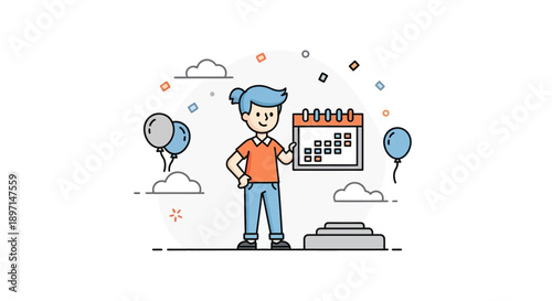 Celebrating Personal Achievements with a Cheerful Person Holding a Calendar and Balloons in a Modern Illustrative Scene
