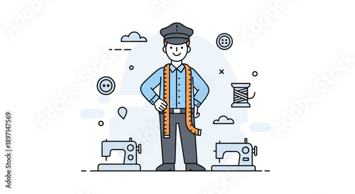 Craftsman with Measuring Tape Surrounded by Sewing Related Elements Creating a Perfect Tailoring Environment