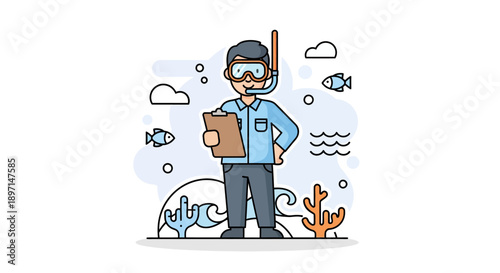 Marine Biologist in Diving Gear Exploring Underwater Ecosystem with Fish and Coral Life