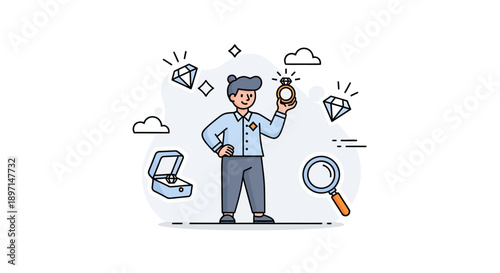 Illustration of a man holding a shining ring surrounded by jewelry symbols and tools representing jewelry collection and analysis