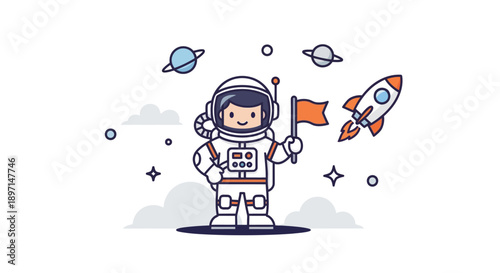 Adorable cartoon astronaut standing on alien planet with rocketship and planets in background