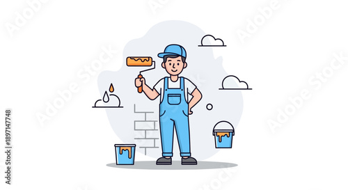 Cartoon Illustration of a Young Man Painting a Wall with Blueoveralls and a Cap in a Brigh, Colorful Scene