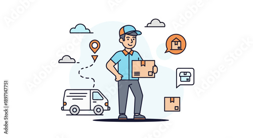 Delivery person in casual attire transporting packages using a van amidst digital icons representing navigation and communication