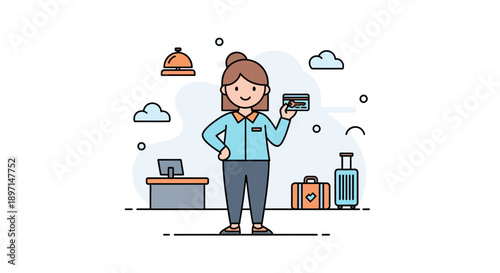 Travel preparation and airport waiting with smiling woman holding her passport and luggage in a friendly illustration