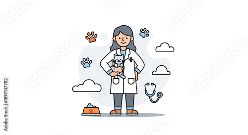 Veterinarian with a cat in a veterinary clinic surrounded by paw prints and clouds emphasizing animal care and professional pet