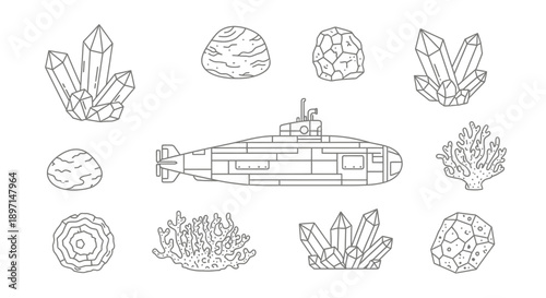 Line art illustration featuring a submarine, surrounded by various underwater elements including crystals, rocks, and coral formations.