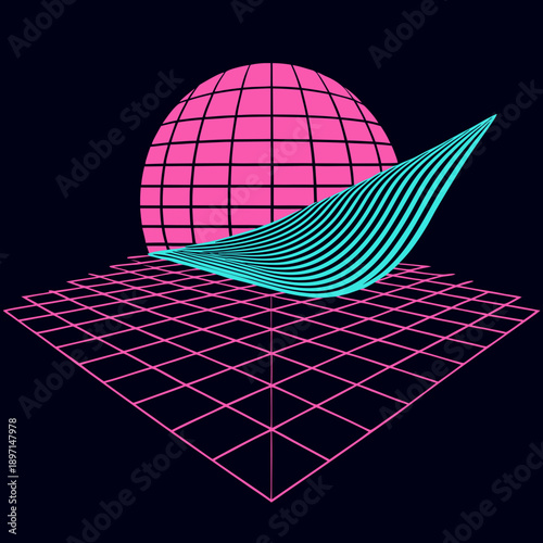 Distorted grid shapes isolated. Retrofuturistic warped mesh grid. Curved mesh abstract elements. Retro punk design element. Vector curve surface background.