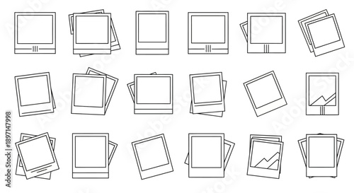 A comprehensive set of outline illustrations depicting various instant photo frames, some stacked and rotated.