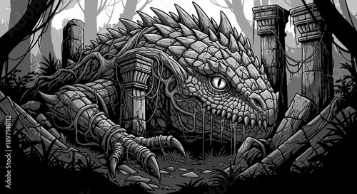 Monochromatic illustration of a colossal stone lizard creature guarding ancient jungle ruins with intricate details.