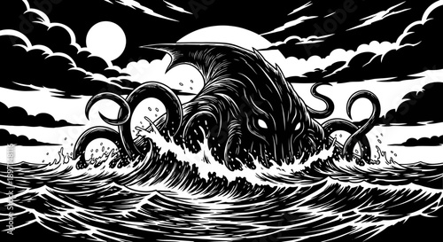 Monstrous kraken-like creature with glowing eyes emerging from stormy ocean waves under a dark, cloudy sky with a full moon, in a dramatic black and white illustration.