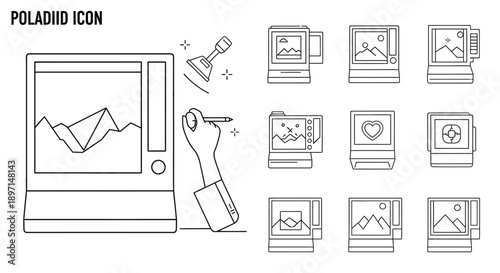 Line art icons depicting instant cameras, photo frames, and various instant photos with different subjects.