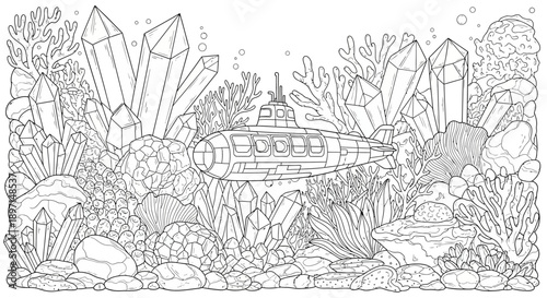 Detailed line art illustration of a submarine exploring a vibrant underwater crystal garden with coral and rocks, suitable for coloring.