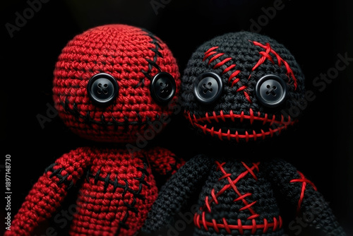 A pair of handmade crocheted dolls with button eyes and embroidered mouths. Studio shot against a solid black background with dramatic lighting and high contrast