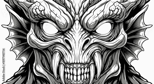 Detailed black and white illustration of a fierce dragon or monster head with sharp teeth, glowing eyes, and intricate scales, rendered in a dark fantasy style.