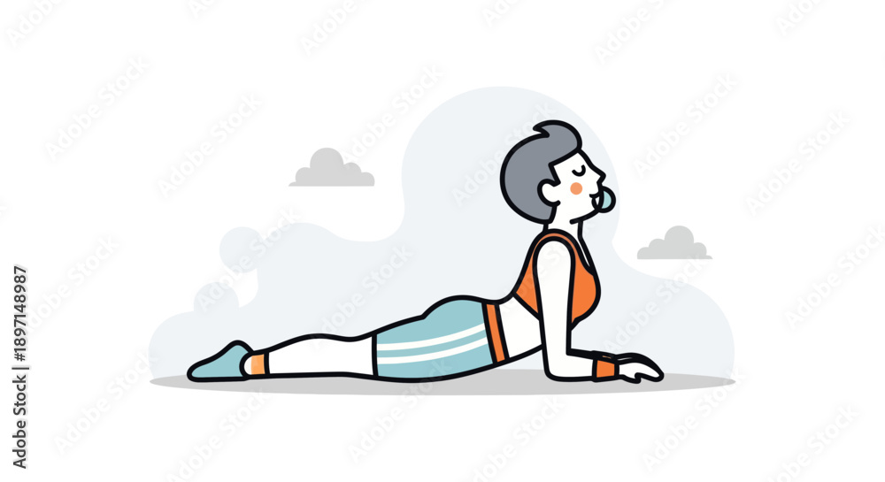 Fototapeta premium Relaxing yoga pose with a person performing a gentle cobra stretch outdoors in a minimalistic illustrated scene emphasizing