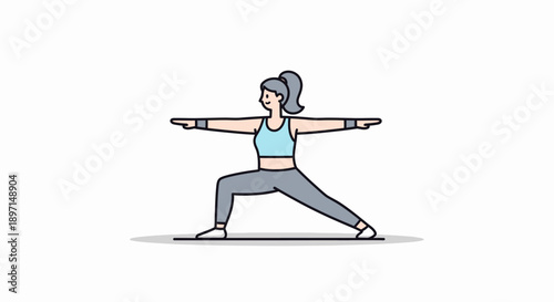 Illustration of a woman practicing yoga in warrior pose emphasizing balance and strength in a minimalistic style