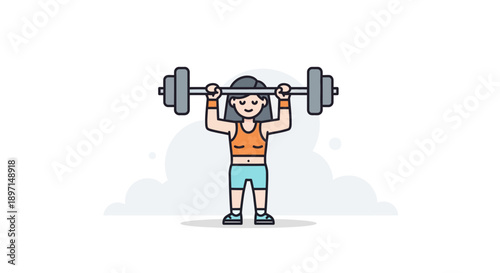 Young woman lifting heavy barbell with focus on fitness and strength training in a minimalistic cartoon style emphasizing health
