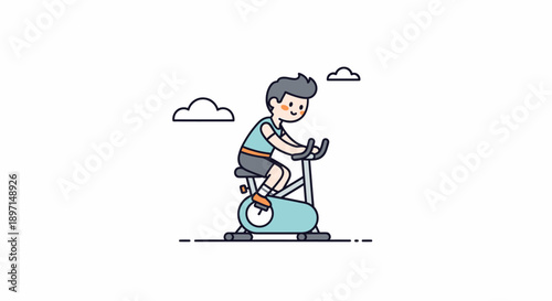 Child Riding an Exercise Bike in a Simple and Playful Illustration with a Few Clouds Background