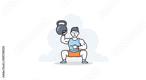 Dynamic male athlete performing kettlebell exercise outdoors on a sunny day with a playful cartoon style emphasizing strength