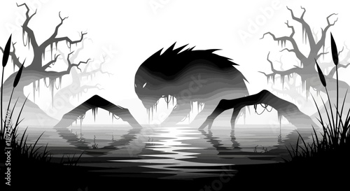 Monstrous creature with glowing eyes emerging from a foggy, dark swamp, surrounded by dead trees and reeds.