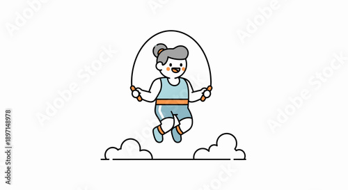 Cute cartoon girl with gray hair swinging on a colorful swing above fluffy clouds on a bright day playful joyful childhood scene