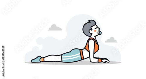 Relaxing yoga pose with a person performing a gentle cobra stretch outdoors in a minimalistic illustrated scene emphasizing