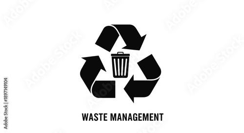 Black recycling symbol with a trash can icon and 'WASTE MANAGEMENT' text on a white background, representing environmental efforts.