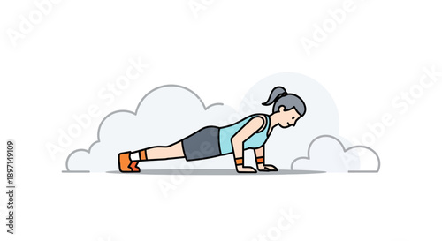 Simple Illustration of a Woman Performing a Push-Up Exercise in a Minimalist Style for Fitness and Health Promotion