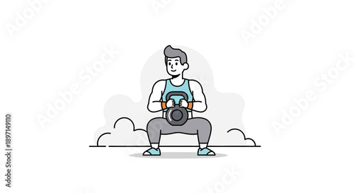 Young man working out outdoors with kettlebell on a cloudy day engaging in fitness training for strength development