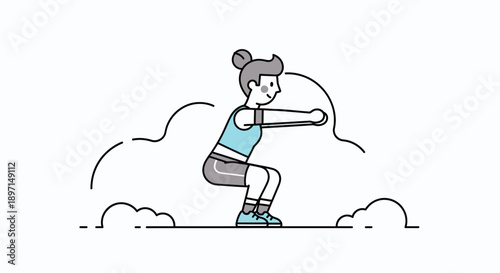 Minimalist Illustration of a Woman Performing a Squat Exercise Outdoors with Simple Cloud Elements