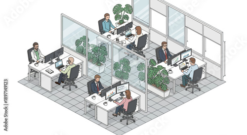 Team members working at white desks in a modern isometric office, split by a wall, surrounded by plants and computers, viewed from a 45° angle