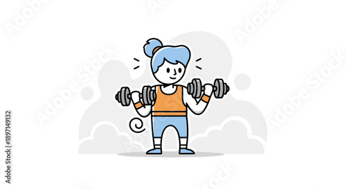 Cartoon-style young girl lifting weights with a cheerful expression and playful background illustrating exercise and fitness