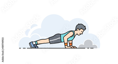 Simple cartoon illustration of a man performing a plank exercise on a flat surface with clouds in the background emphasizing