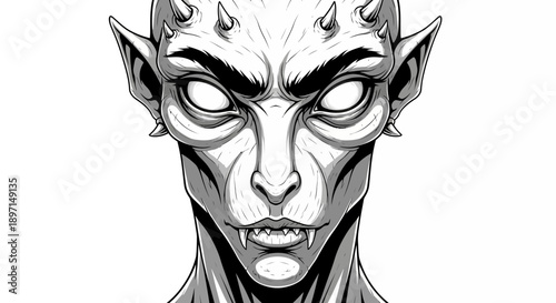 Detailed black and white illustration of a demonic creature's face with horns and fangs.