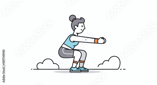Illustration of a young woman performing a squat exercise outdoors emphasizing fitness and health with cartoon style and minimal