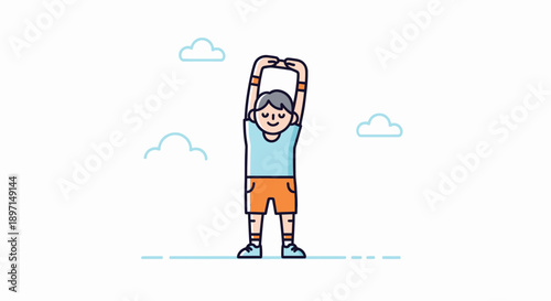 Young boy stretching outdoors on a bright day with clouds in a minimalistic cartoon style perfect for health and outdoor