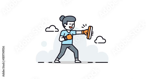 Cheerful cartoon woman exercising outdoors with a wooden massage roller on a bright and lively day
