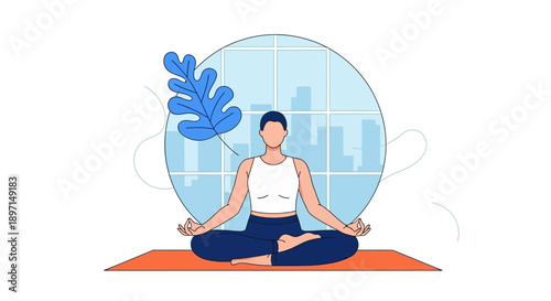 Cartoon woman meditating on orange mat in front of blue circle, serene atmosphere, calm perspective, illustration