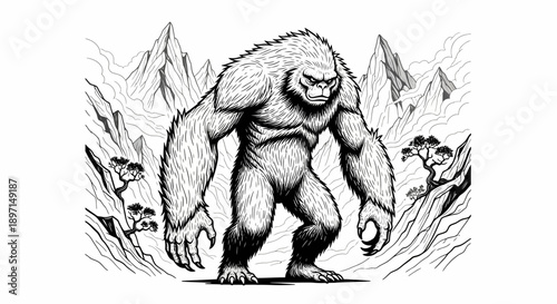 A detailed black and white illustration of a large, hairy yeti creature standing in a rugged mountain landscape.