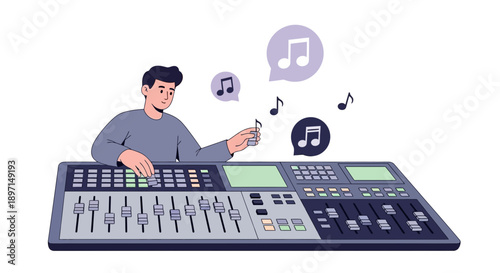Man Operates Soundboard Amid Floating MusicalNotes, Grayshirt, Blackhair, Knobs and Sliders, DJ Scene