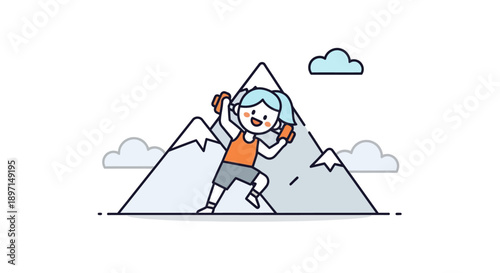 Whimsical Illustration of a Young Girl Climbing a Snowy Mountain Peak During Daytime