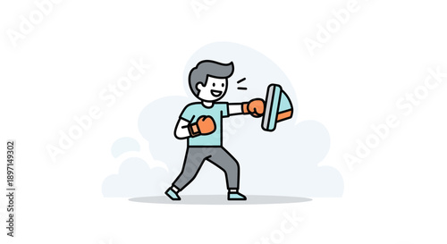 Young boy practicing boxing with gloves and punching bag in a playful cartoon style suitable for children's activities and